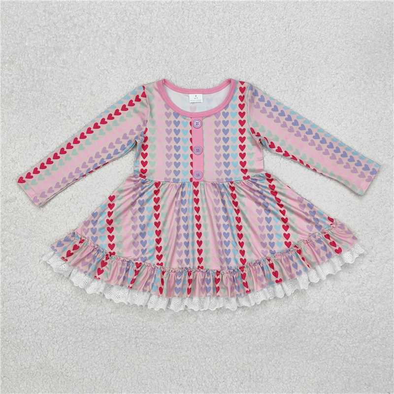 Long sleeves colorful heart ruffle baby girls valentine's dress