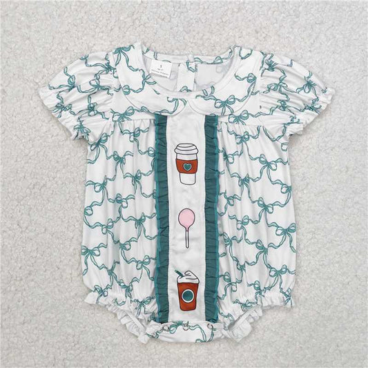 SR2281  Short sleeves green bow lollipop baby girls romper