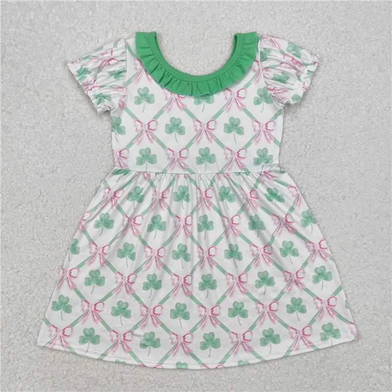 12.20 RTS NO MOQ （In stock）GSD1493 Baby Girls St Patrick Quatrefoil Bows Knee Length Dresses