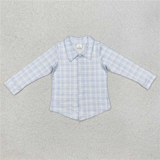 12.26 RTS NO MOQ （In stock）BT1075 Baby Boys Blue Checkered Buttons Long Sleeve Tee Shirts Tops