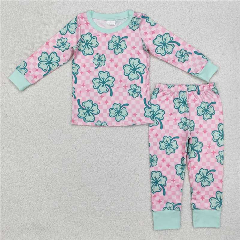 GLP2192Pink plaid clovers long sleeves kids girls St Patrick's day pajamas