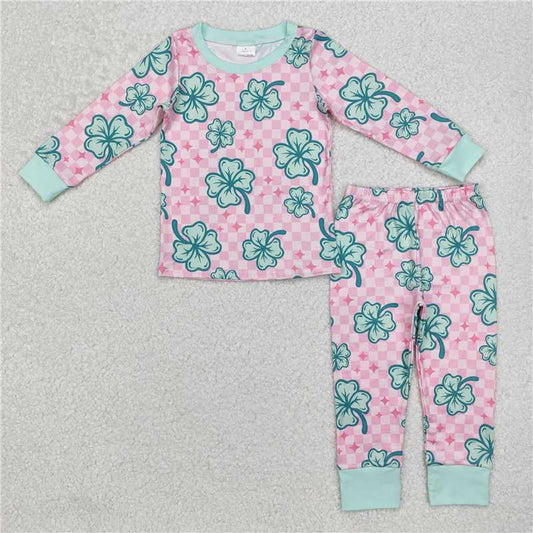 GLP2192Pink plaid clovers long sleeves kids girls St Patrick's day pajamas