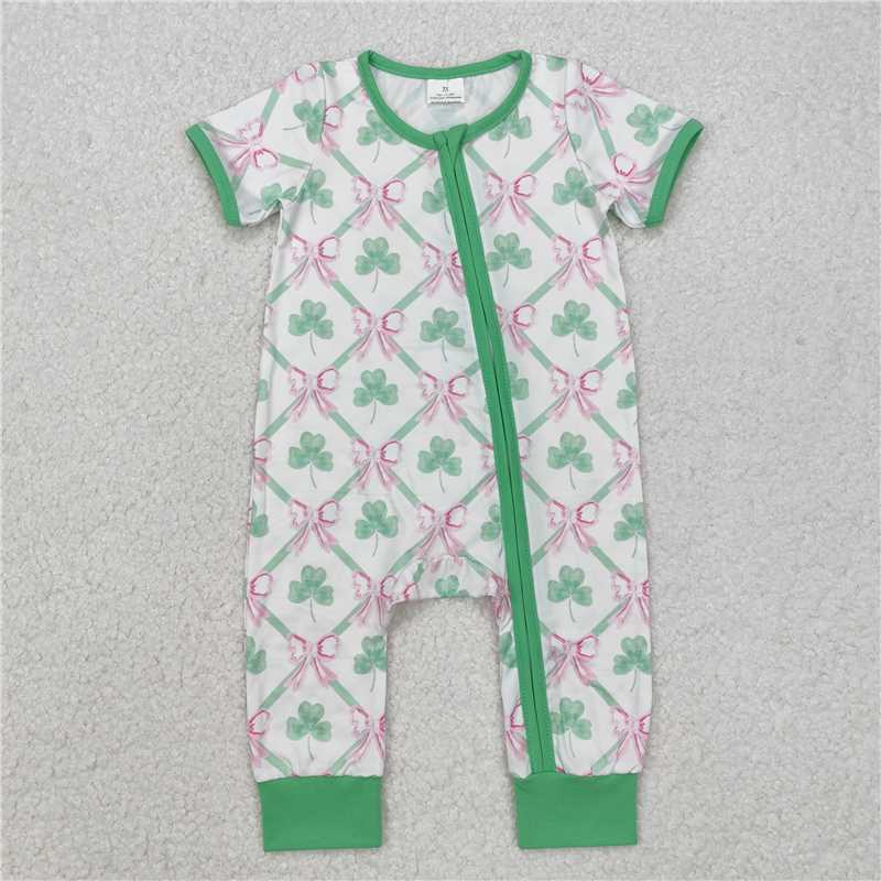 12.23 RTS NO MOQ （In stock）SR2109 Baby Infant Girls St Patrick Quatrefoil Bows Zip Rompers