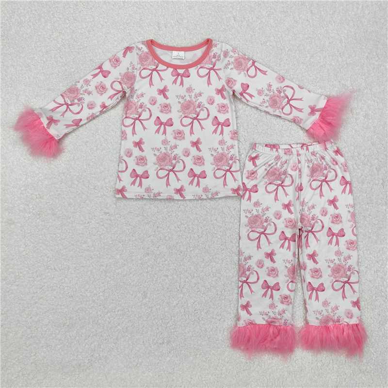 GLP2215Pink bow floral fur long sleeves baby girls pajamas