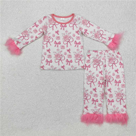 GLP2215Pink bow floral fur long sleeves baby girls pajamas