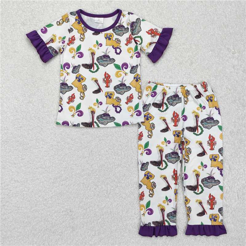 12.17 RTS NO MOQ （In stock）GSPO1921 Baby Girls Mardi Gras Bird Crawfish Shirt Pants Pajamas Clothes Sets
