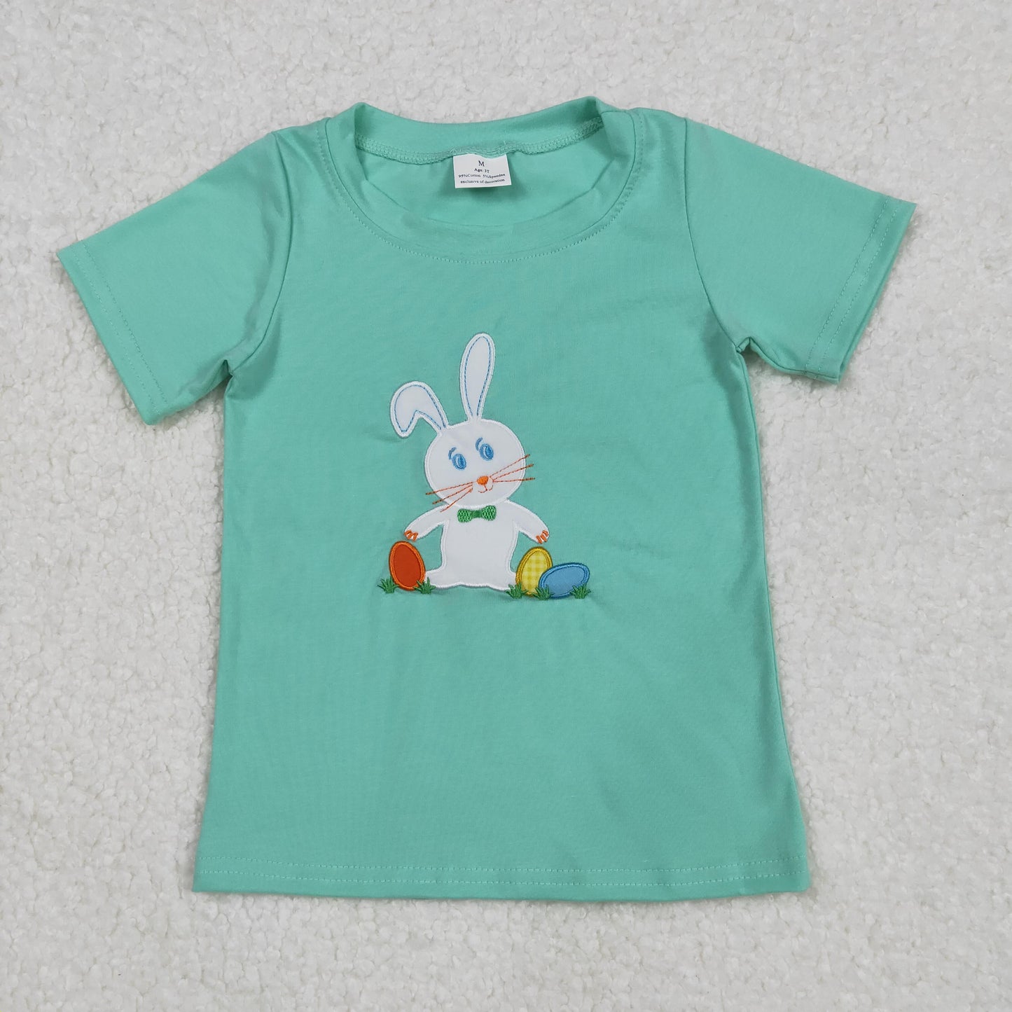12.25 RTS NO MOQ （In stock）BT1132 Embroidery Baby Boys Green Easter Rabbit Short Sleeve Tee Shirts Tops