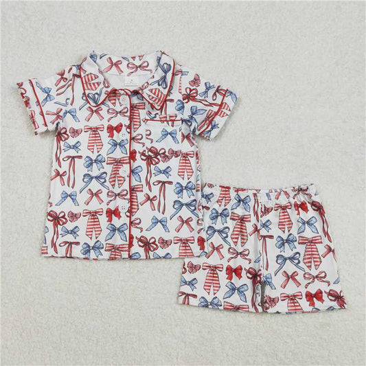 1.7 RTS NO MOQ （In stock）GSSO1966 4th of July Baby Girls 4th Of July Bows Buttons Shirt Shorts Clothes Sets