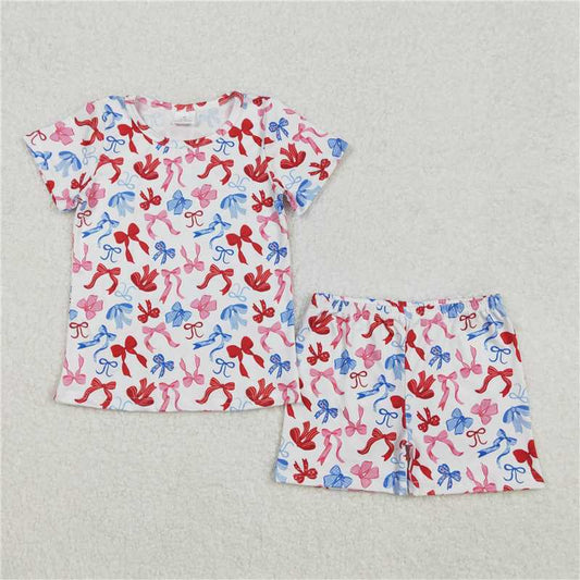 1.7 RTS NO MOQ （In stock）GSSO1992 4th of July Baby Girls 4th Of July Bows Shirts Shorts Pajamas Sets