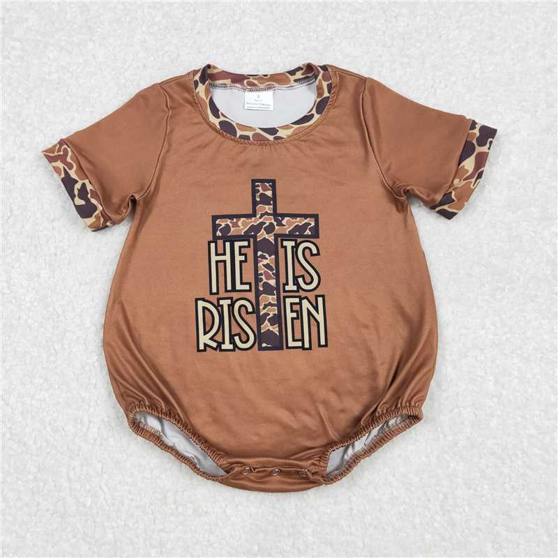 12.26 RTS NO MOQ （In stock）Matching SR2374 Baby Infant Boys He Is Risen Cross Camo Rompers