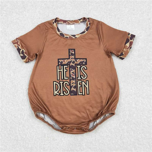 12.26 RTS NO MOQ （In stock）Matching SR2374 Baby Infant Boys He Is Risen Cross Camo Rompers