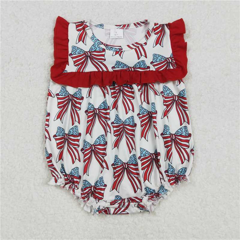 USA Warehouse (IN STOCK) SR2664 Red ruffle stars stripe bow baby girls 4th of july romper