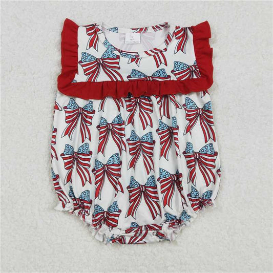 USA Warehouse (IN STOCK) SR2664 Red ruffle stars stripe bow baby girls 4th of july romper