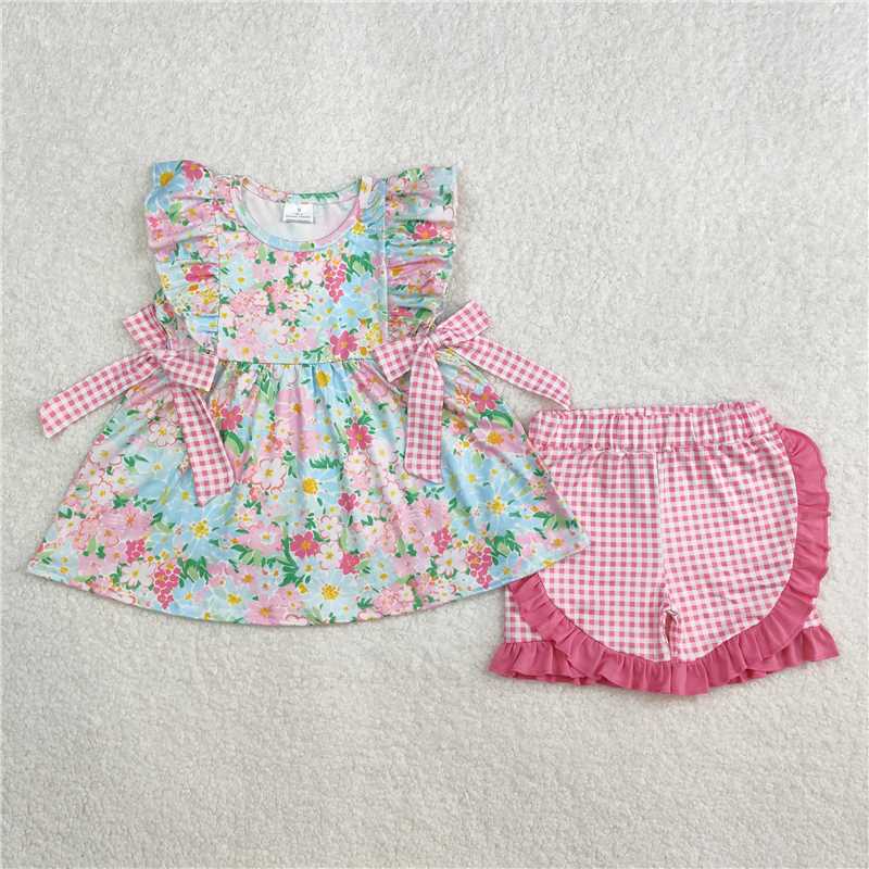 11.28 RTS NO MOQ （In stock）Matching GSSO2111 Baby Girls Blue Pink Flowers Bows Tunic Ruffle Shorts Clothes Sets