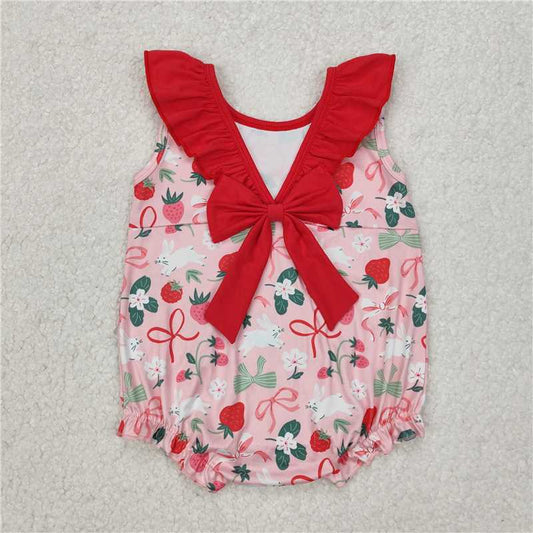 12.24 RTS NO MOQ （In stock）SR2582 Baby Infant Girls Strawberry Bows Sleeveless Rompers