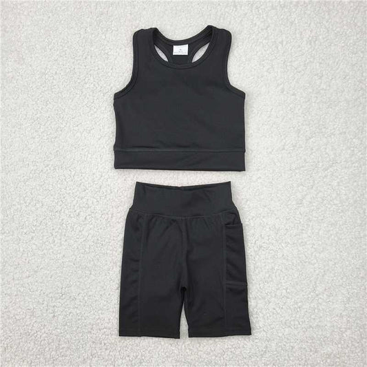 12.18 RTS NO MOQ （In stock）Matching GSSO1517 Baby Girls Black Athletic Active Wear Top Shorts Clothes Sets