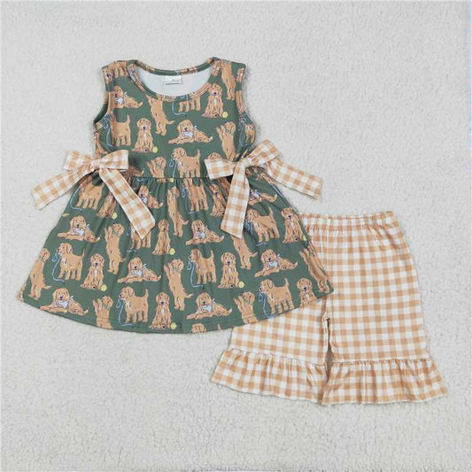 12.17 RTS NO MOQ （In stock）Matching GSSO2449 Baby Girls Green Sleeveless Dogs Bows Tunic Khaki Plaid Ruffle Shorts Sets