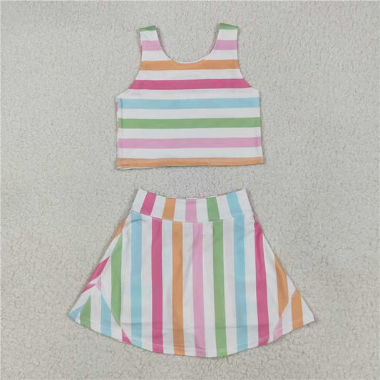 12.17 RTS NO MOQ （In stock）Matching GSD2348 Baby Girls Sleeveless Colorful Stripes Top Skort Yoga Active Sets