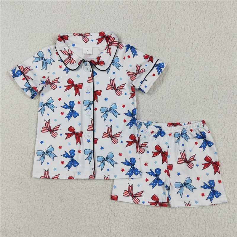 1.6 RTS NO MOQ （In stock）GSSO2484 4th of July Baby Girls Blue Red Bows Button Top Short 4th Of July Pajamas Sets