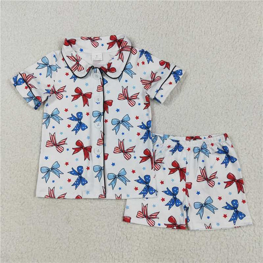 1.6 RTS NO MOQ （In stock）GSSO2484 4th of July Baby Girls Blue Red Bows Button Top Short 4th Of July Pajamas Sets