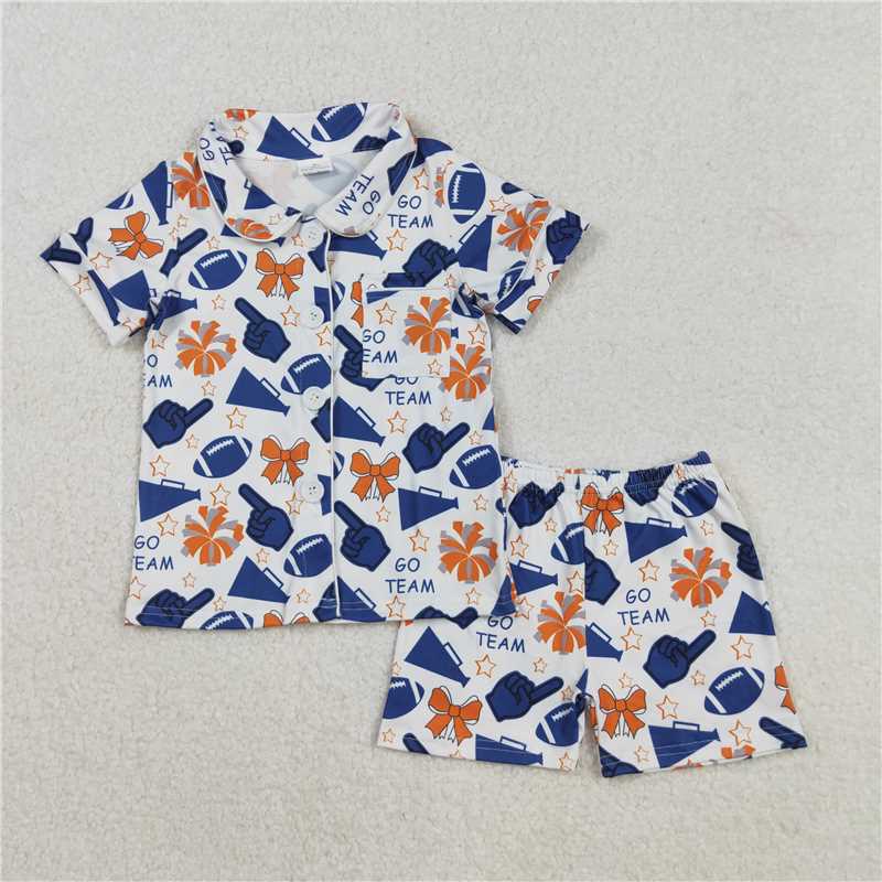 11.19 RTS NO MOQ （In stock）Matching GSSO2675  Baby Girls Cheer Team Navy Football Button Top Short Pajamas Sets
