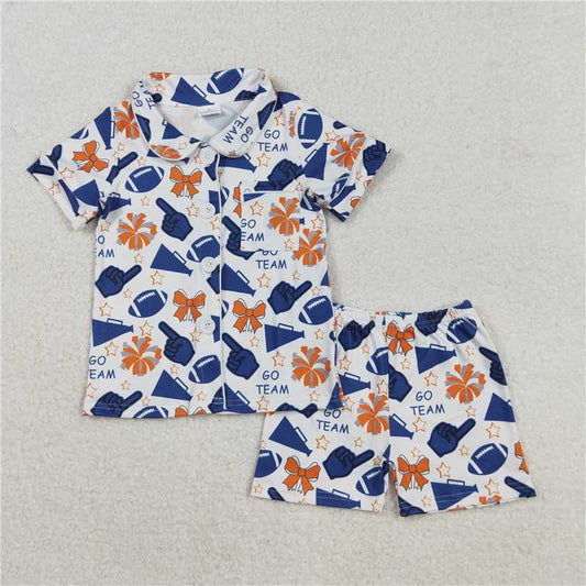 11.19 RTS NO MOQ （In stock）Matching GSSO2675  Baby Girls Cheer Team Navy Football Button Top Short Pajamas Sets