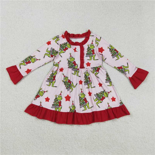 11.20 RTS NO MOQ （In stock）GLD1236 Baby Girls Christmas Green Face Trees Ruffle Knee Length Dresses