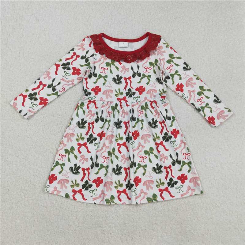 11.29 RTS NO MOQ （In stock）Matching Christmas GLD1036 Baby Girls Colorful Bows Christmas Lace Ruffle Knee Length Dresses