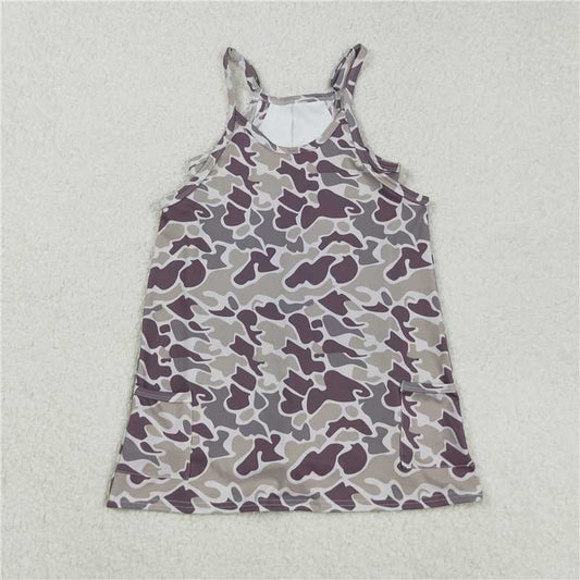10.18 RTS NO MOQ （In stock）Matching GSD2719 Baby Girls Strap Gray Camo Pockets Yoga Knee Length Dresses