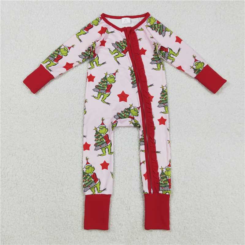 11.8 RTS NO MOQ （In stock）Matching Christmas LR2496 Baby Girls Green Faces Christmas Trees Ruffle Zipper Rompers