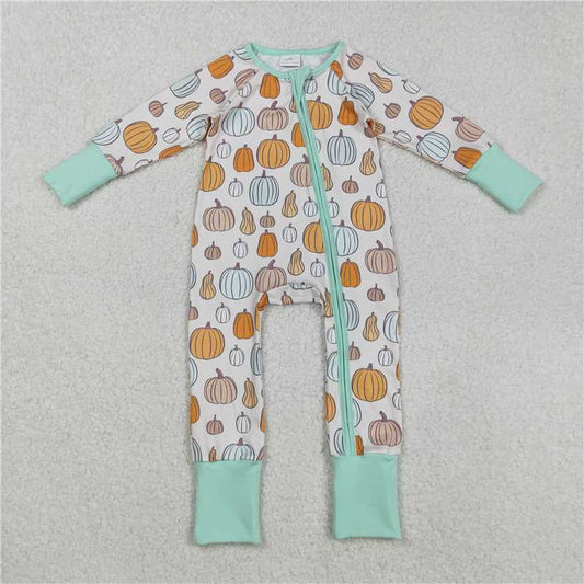 10.27 RTS NO MOQ （In stock）Matching LR2565 Baby Boys Green Pumpkins Fall Zipper Footie Rompers