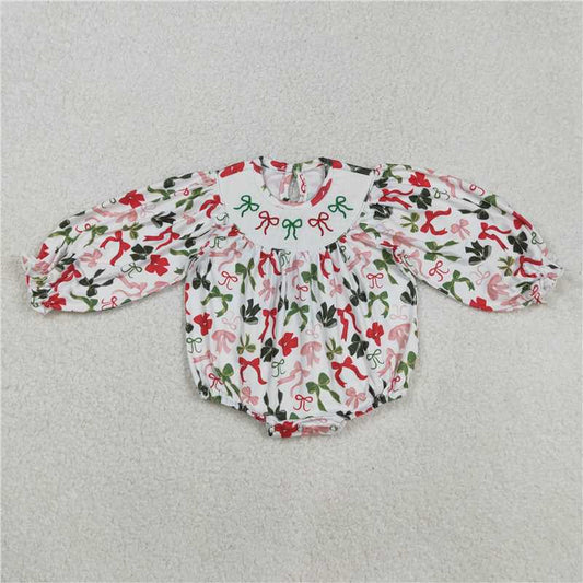 11.21 RTS NO MOQ （In stock）Matching Christmas LR2185 Baby Infant Girls Christmas Colorful Bows Smocked Rompers