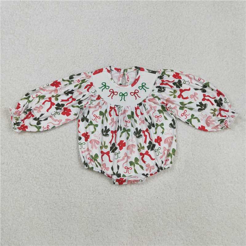 11.28 RTS NO MOQ （In stock）LR2185 Baby Infant Girls Christmas Colorful Bows Smocked Rompers