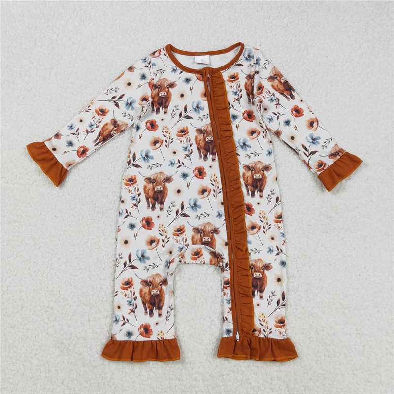 11.8 RTS NO MOQ （In stock）Matching LR1624 Baby Infant Girls Western Highland Cow Flowers Zip Rompers
