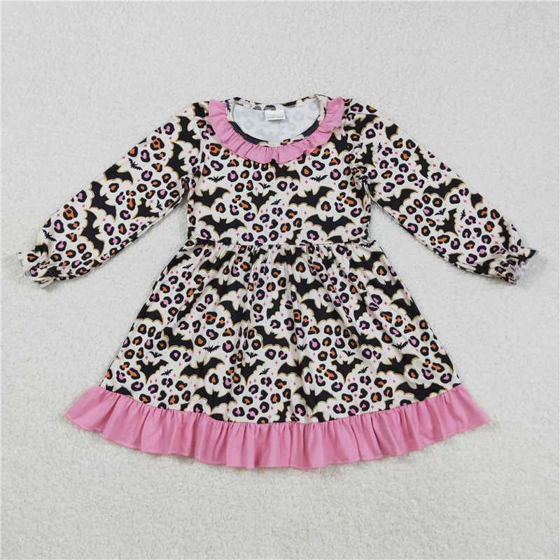 11.29 RTS NO MOQ （In stock）Matching Halloween GLD1224 Baby Girls Halloween Leopard Bats Knee Length Dresses