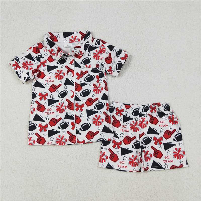 11.19 RTS NO MOQ （In stock）Matching GSSO2674  Baby Girls Team Black Stars Football Button Top Shorts Pajamas Sets