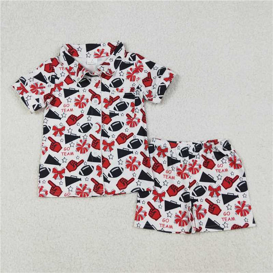11.19 RTS NO MOQ （In stock）Matching GSSO2674  Baby Girls Team Black Stars Football Button Top Shorts Pajamas Sets