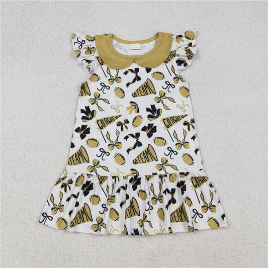 10.18 RTS NO MOQ （In stock） Matching GSD2788 Baby Girls Flutter Sleeves Yellow Cheer Bows Team Knee Length Dresses