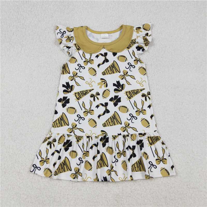 11.20 RTS NO MOQ （In stock）Matching GSD2788 Baby Girls Flutter Sleeves Yellow Cheer Bows Team Knee Length Dresses