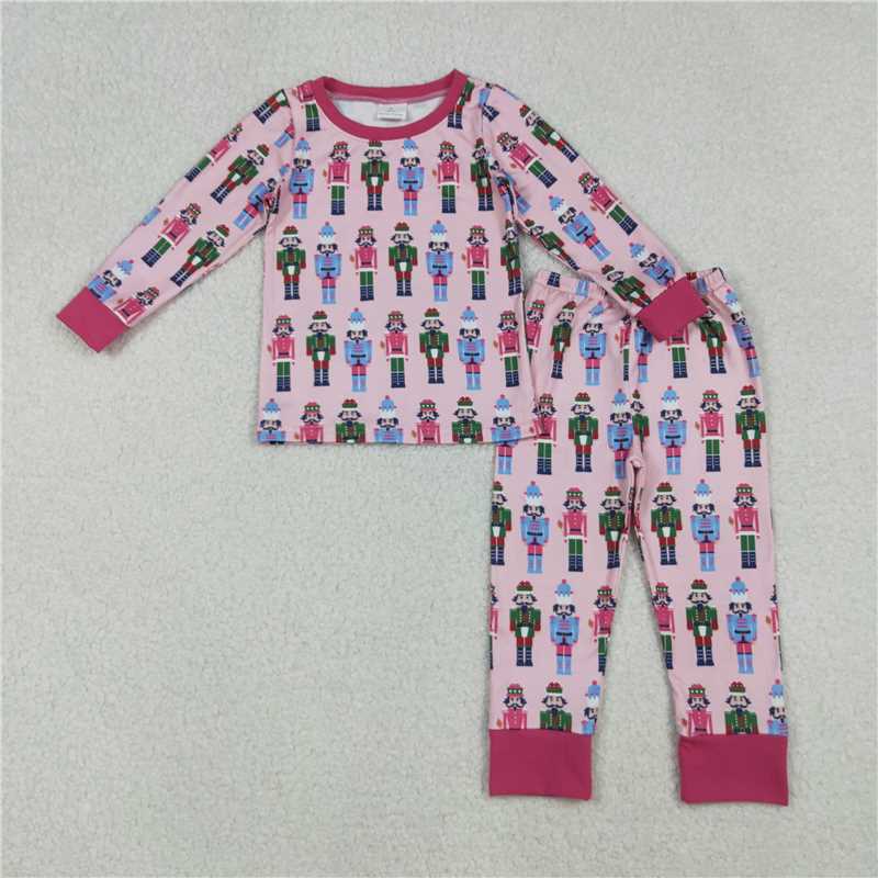 12.5 RTS NO MOQ （In stock）GLP2747 Baby Girls Christmas Pink Soldiers Tops Pants Pajamas Sets