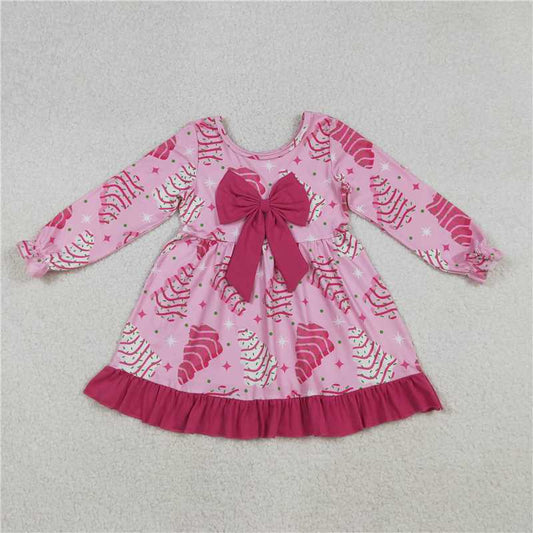 11.19 RTS NO MOQ （In stock）GLD1276 Baby Girls Pink Stripe Trees Stars Bow Christmas Ruffle Knee Length Dresses