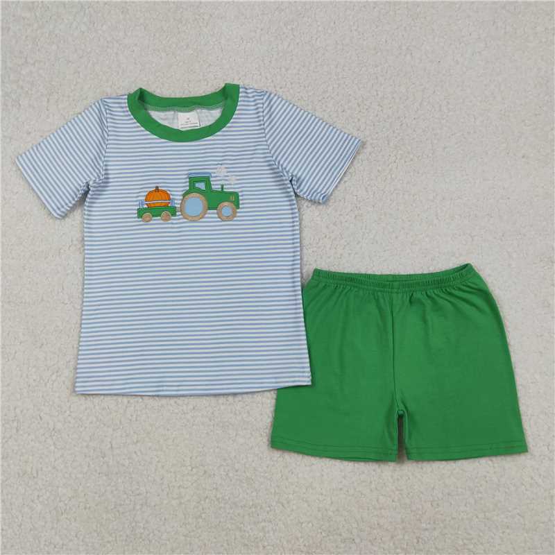 12.27 RTS NO MOQ （In stock）Matching BSSO1549 Embroidery Baby Boys Blue Stripe Truck Pumpkin Top Shorts Fall Clothes Sets