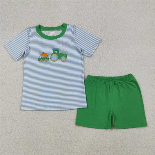 12.27 RTS NO MOQ （In stock）Matching BSSO1549 Embroidery Baby Boys Blue Stripe Truck Pumpkin Top Shorts Fall Clothes Sets