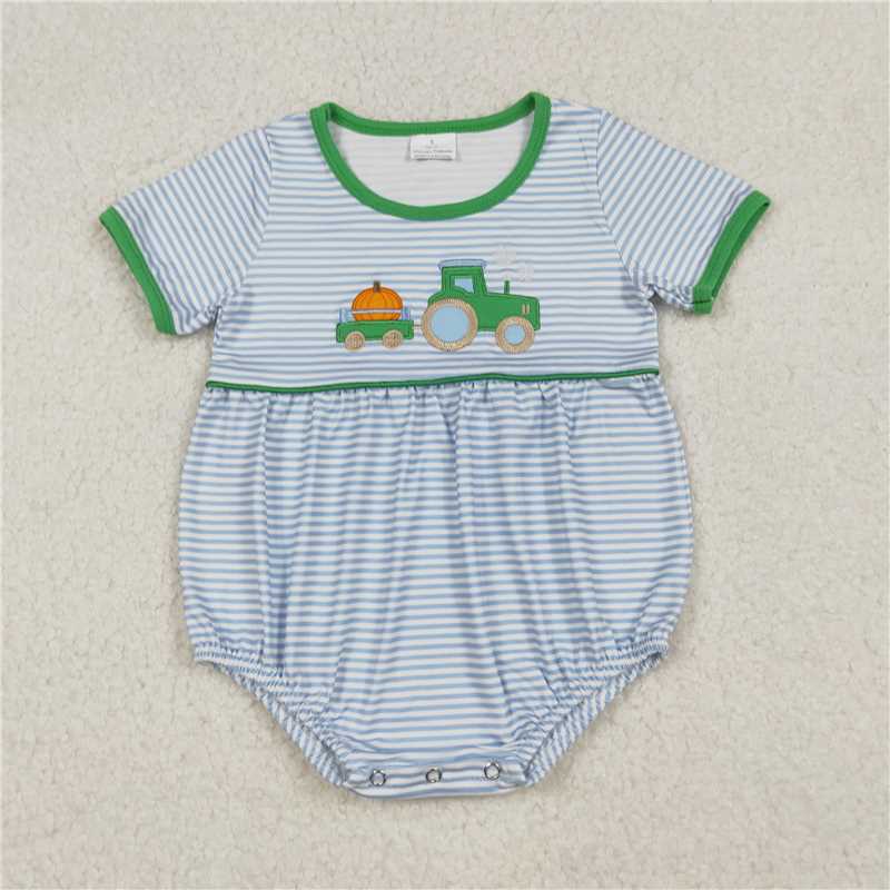 12.27 RTS NO MOQ （In stock）Matching SR3201 Embroidery Baby Boys Blue Stripe Pumpkins Truck Fall Rompers