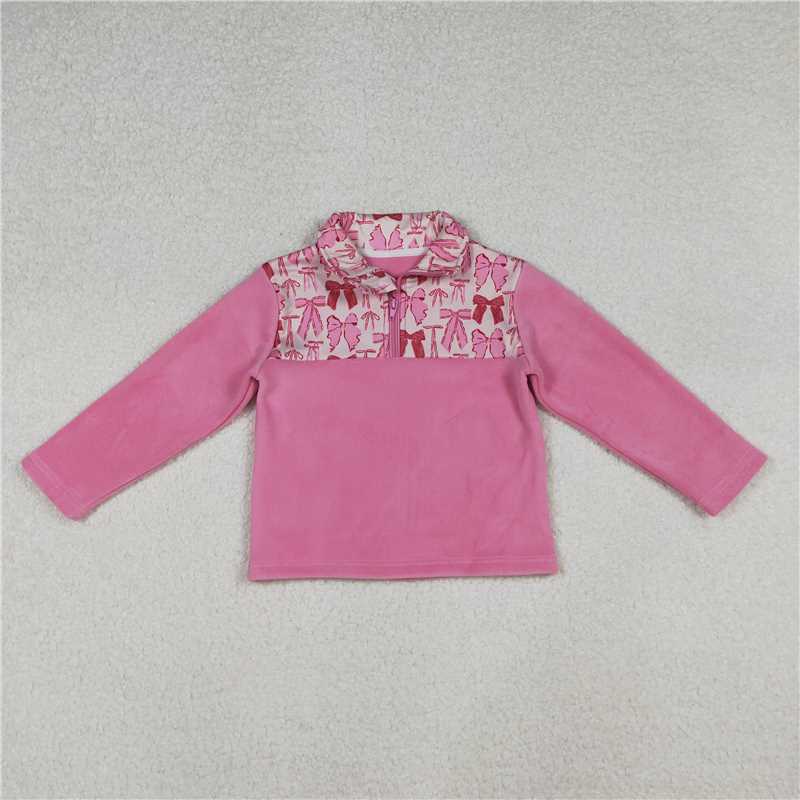 10.21 RTS NO MOQ （In stock）Matching GT1149 Baby Girls Pink Bows Plaid Quatrefoil Zipper Pullover Sherpa Tops