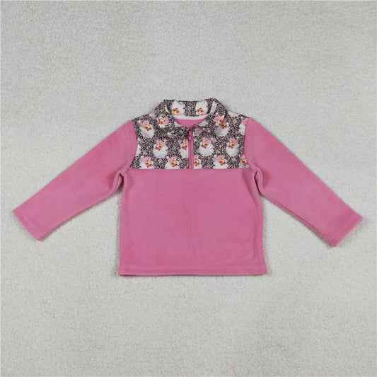 11.19 RTS NO MOQ （In stock）GT1151 Baby Girls Santa Leopard Christmas Half Zipper Pullover Sherpa Tops