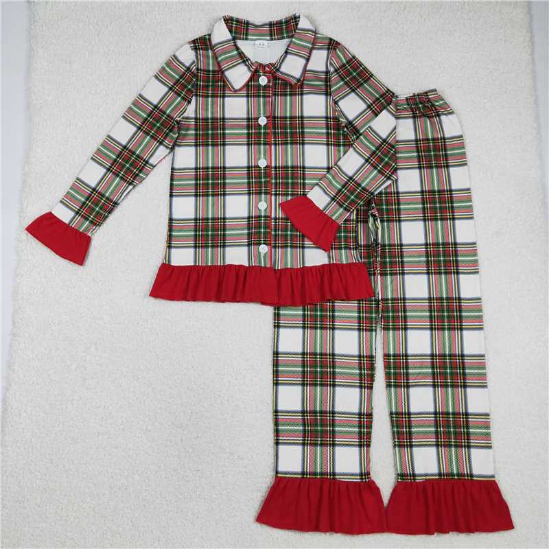 11.14 RTS NO MOQ （In stock）Matching Christmas GLP2827 Adult Women Green Red Checked Button Top Ruffle Pant Christmas Pajamas Sets