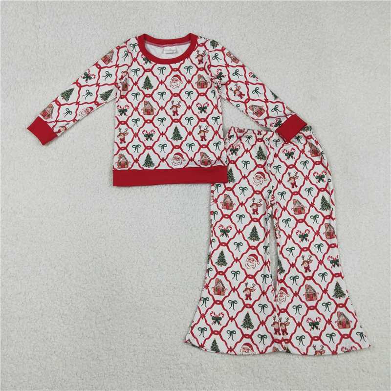 12.4 RTS NO MOQ （In stock）GLP2878 Baby Girls Red Bows Santa Checked Top Flare Pants Christmas Clothes Sets
