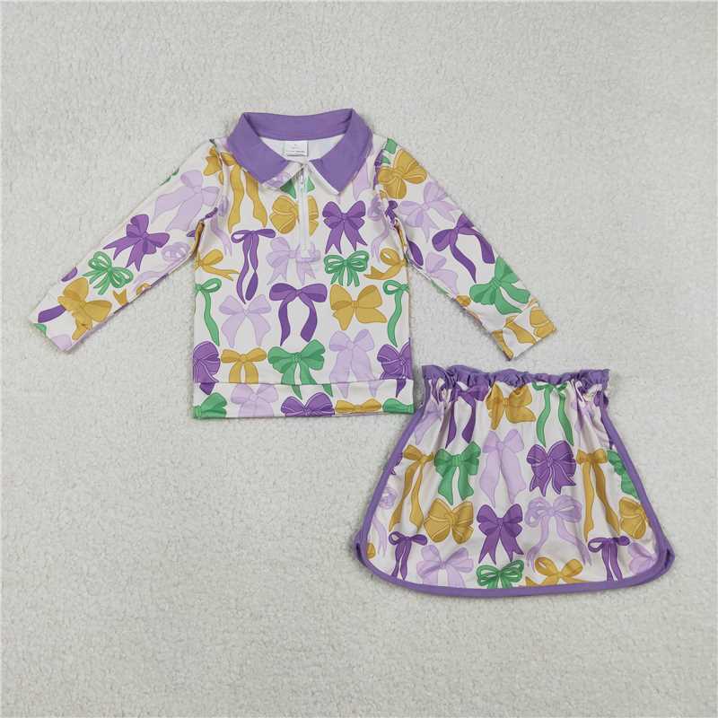 12.18 RTS NO MOQ （In stock）GLD1333 Baby Girls Mardigras Bows Zipper Pullover Skirt Shorts Clothes Sets