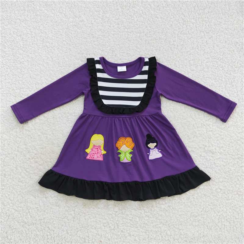 GLD0365Purple witches stripe long sleeves girls Halloween dress